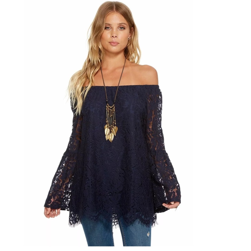 Chaser NWT Grey Lace Bell Sleeve Off the Shoulder Top Size: M - Picture 1 of 8